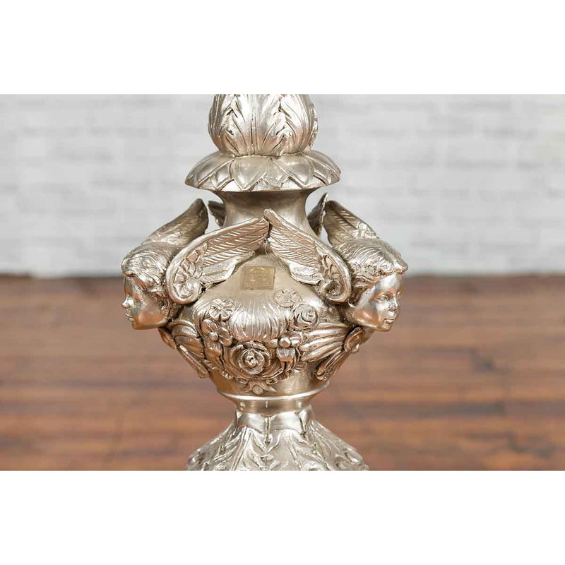 Contemporary Baroque Style Silver Plated Bronze Candlestick with Cherub Figures-YN3576-8. Asian & Chinese Furniture, Art, Antiques, Vintage Home Décor for sale at FEA Home