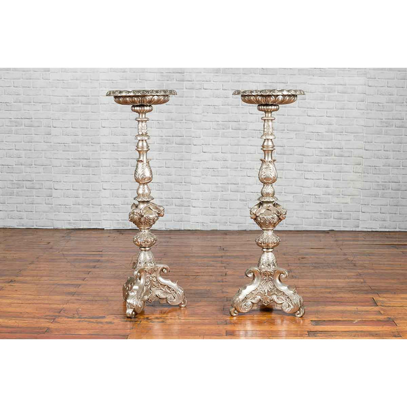 Contemporary Baroque Style Silver Plated Bronze Candlestick with Cherub Figures-YN3576-10. Asian & Chinese Furniture, Art, Antiques, Vintage Home Décor for sale at FEA Home