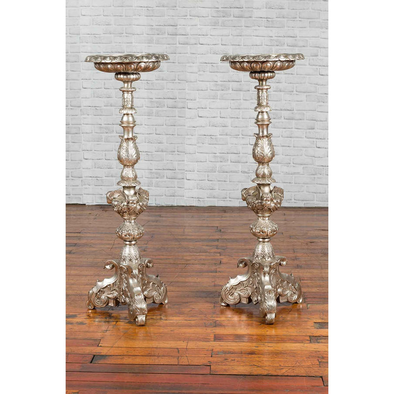 Contemporary Baroque Style Silver Plated Bronze Candlestick with Cherub Figures-YN3576-11. Asian & Chinese Furniture, Art, Antiques, Vintage Home Décor for sale at FEA Home