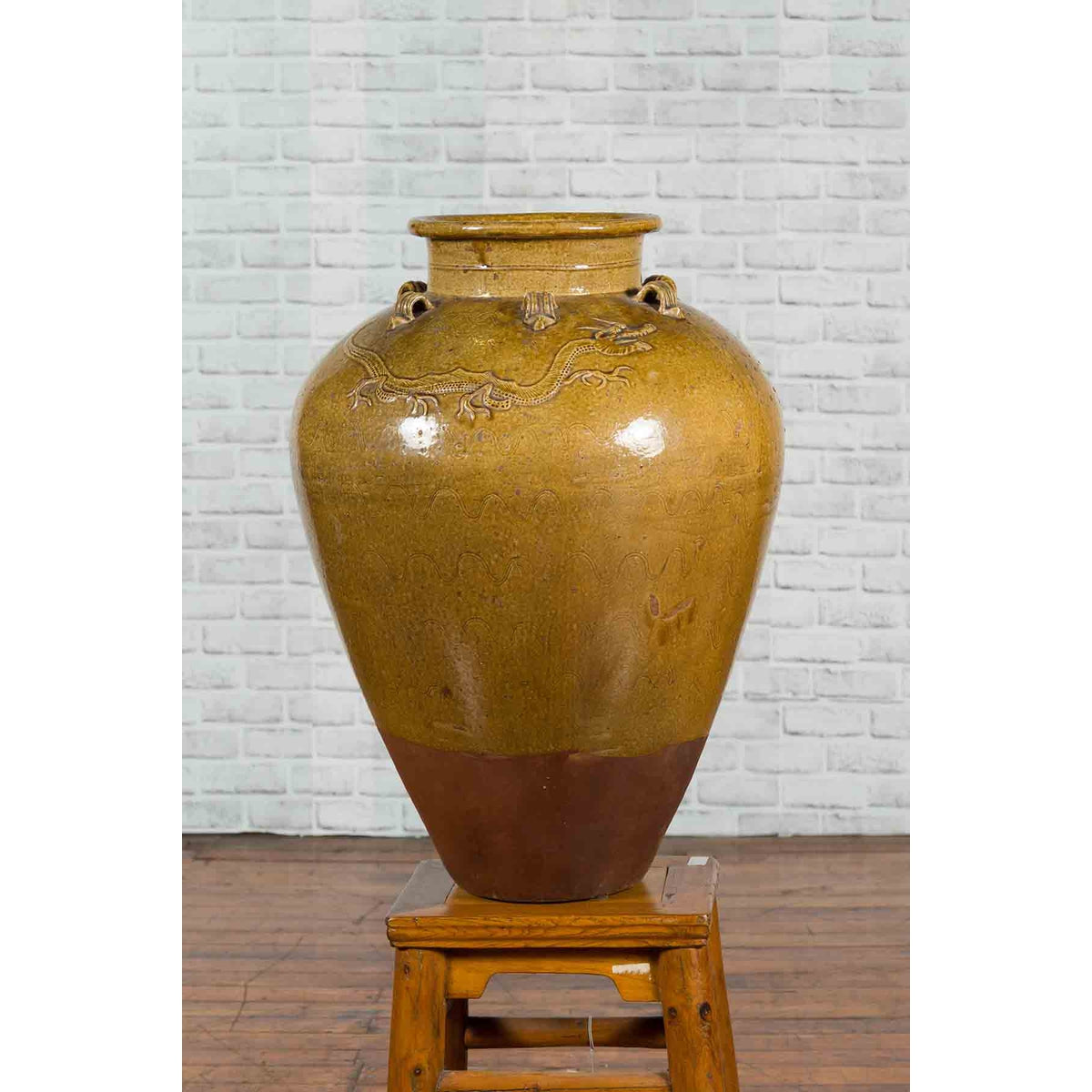 Chinese Antique Martaban Water Jar with Dragon Motifs and Ocher Glaze-11. Asian &amp; Chinese Furniture, Art, Antiques, Vintage Home Décor for sale at FEA Home