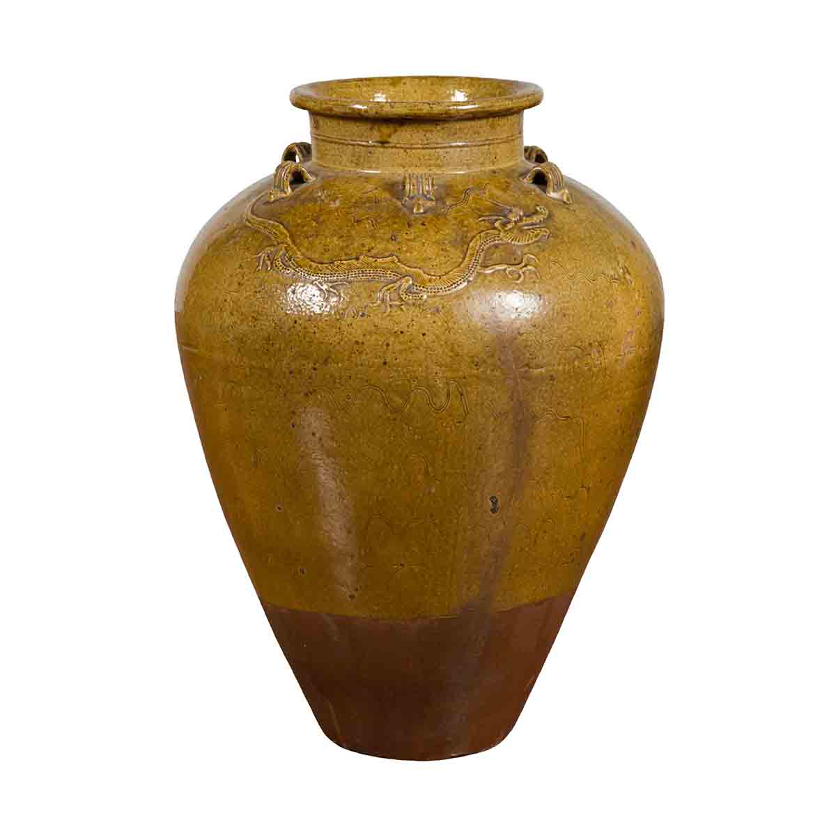 Chinese Antique Martaban Water Jar with Dragon Motifs and Ocher Glaze-1. Asian & Chinese Furniture, Art, Antiques, Vintage Home Décor for sale at FEA Home