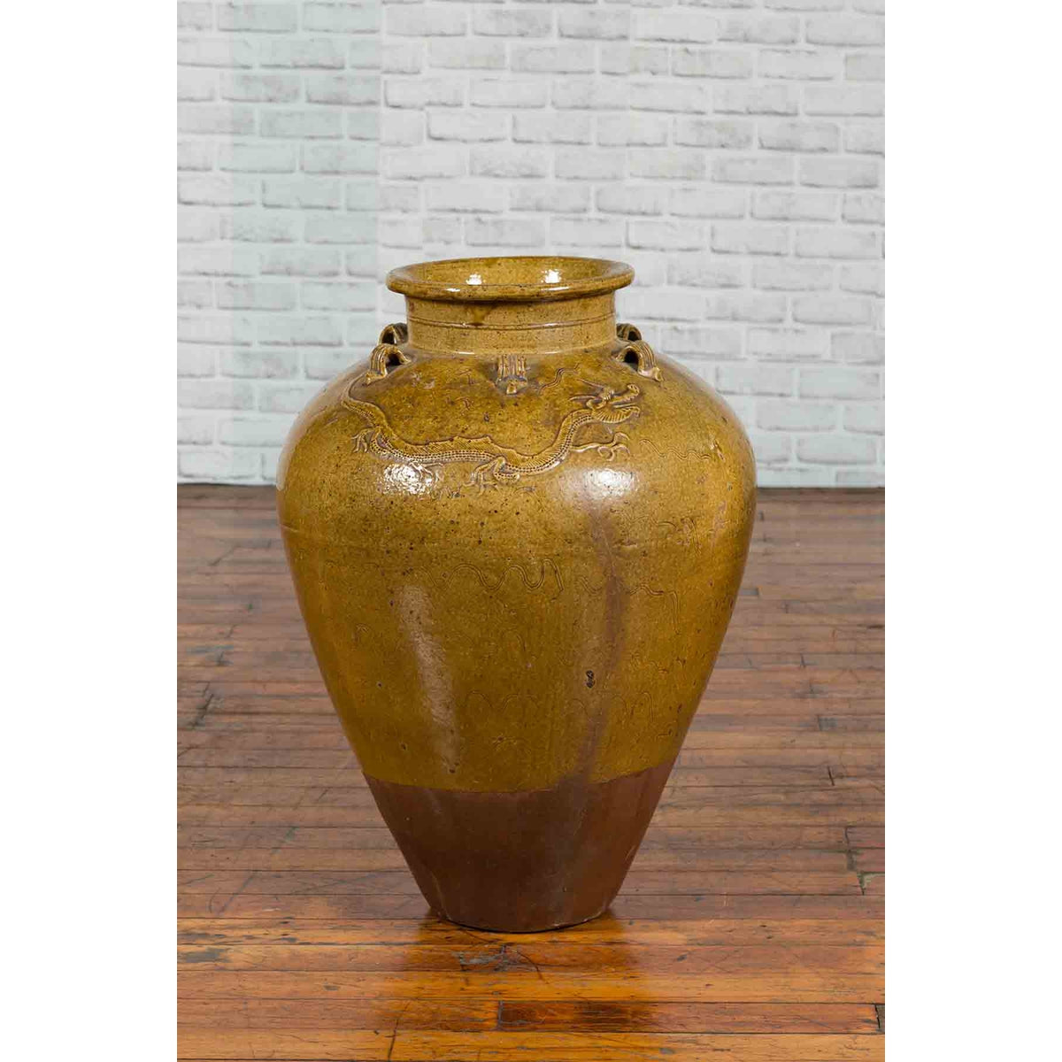 Chinese Antique Martaban Water Jar with Dragon Motifs and Ocher Glaze-4. Asian &amp; Chinese Furniture, Art, Antiques, Vintage Home Décor for sale at FEA Home