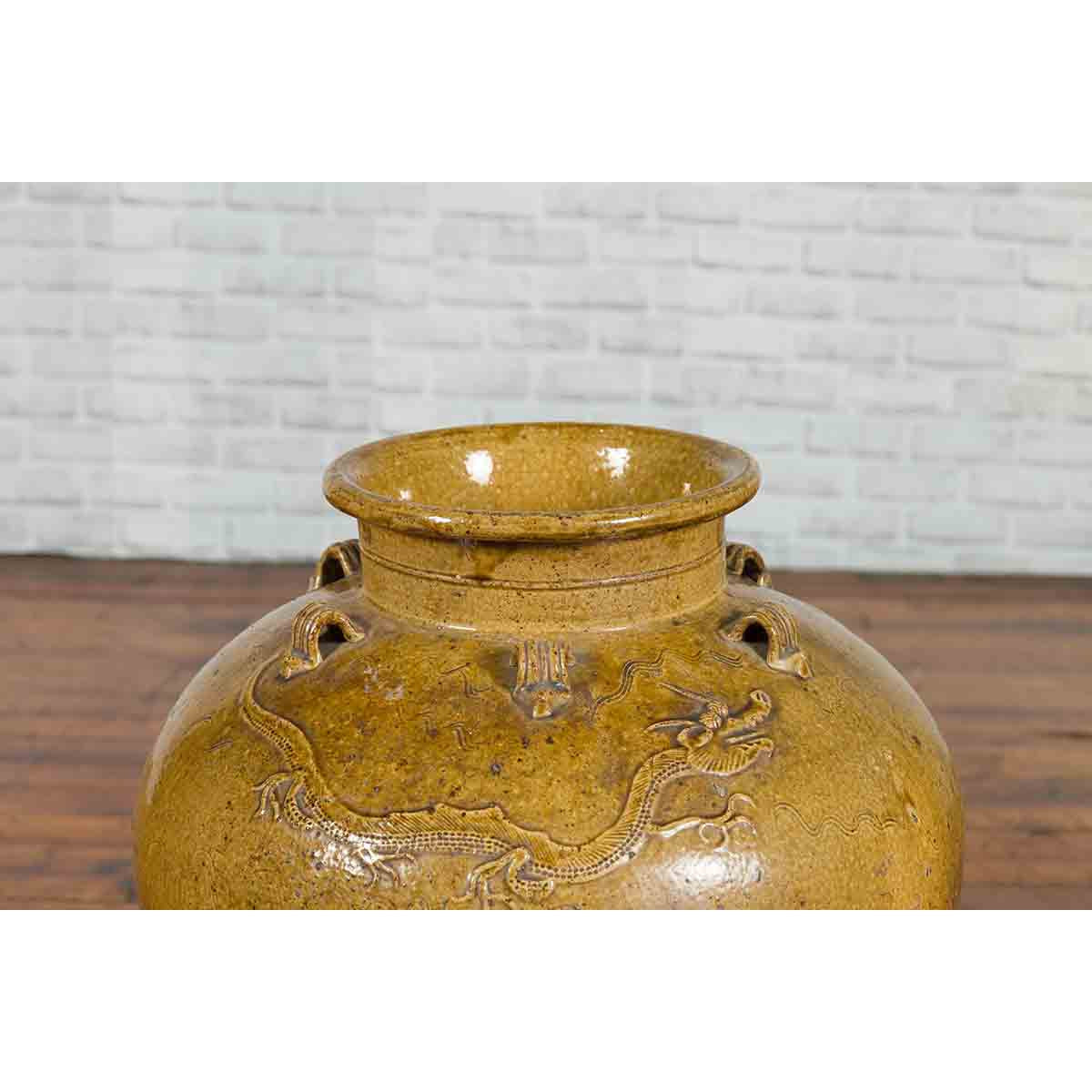 Chinese Antique Martaban Water Jar with Dragon Motifs and Ocher Glaze-5. Asian &amp; Chinese Furniture, Art, Antiques, Vintage Home Décor for sale at FEA Home