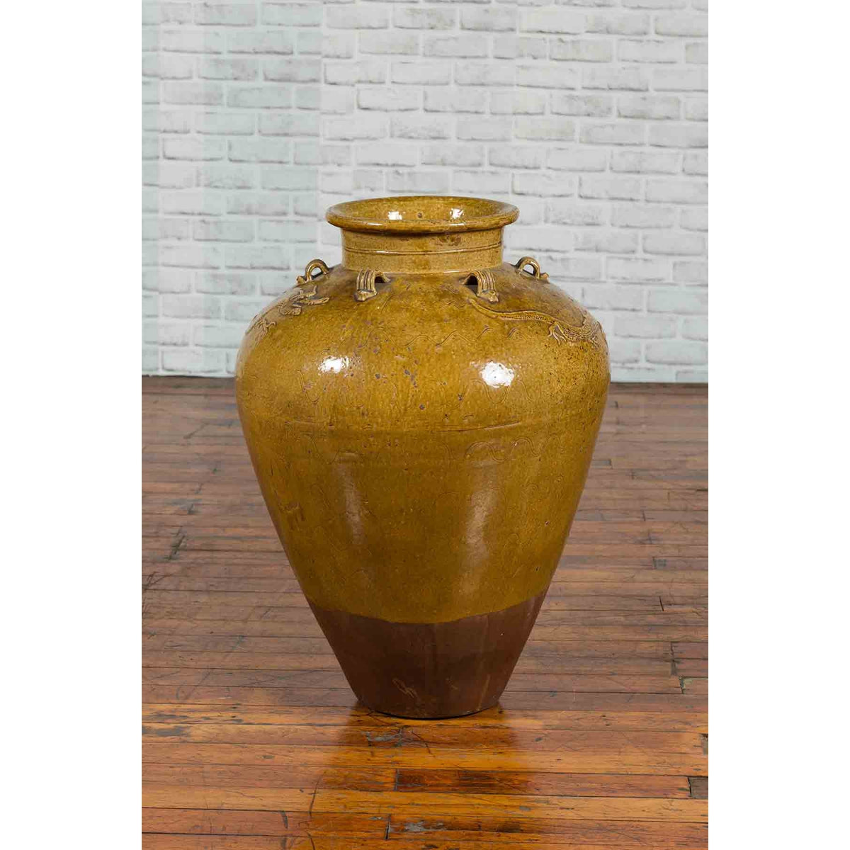 Chinese Antique Martaban Water Jar with Dragon Motifs and Ocher Glaze-8. Asian &amp; Chinese Furniture, Art, Antiques, Vintage Home Décor for sale at FEA Home