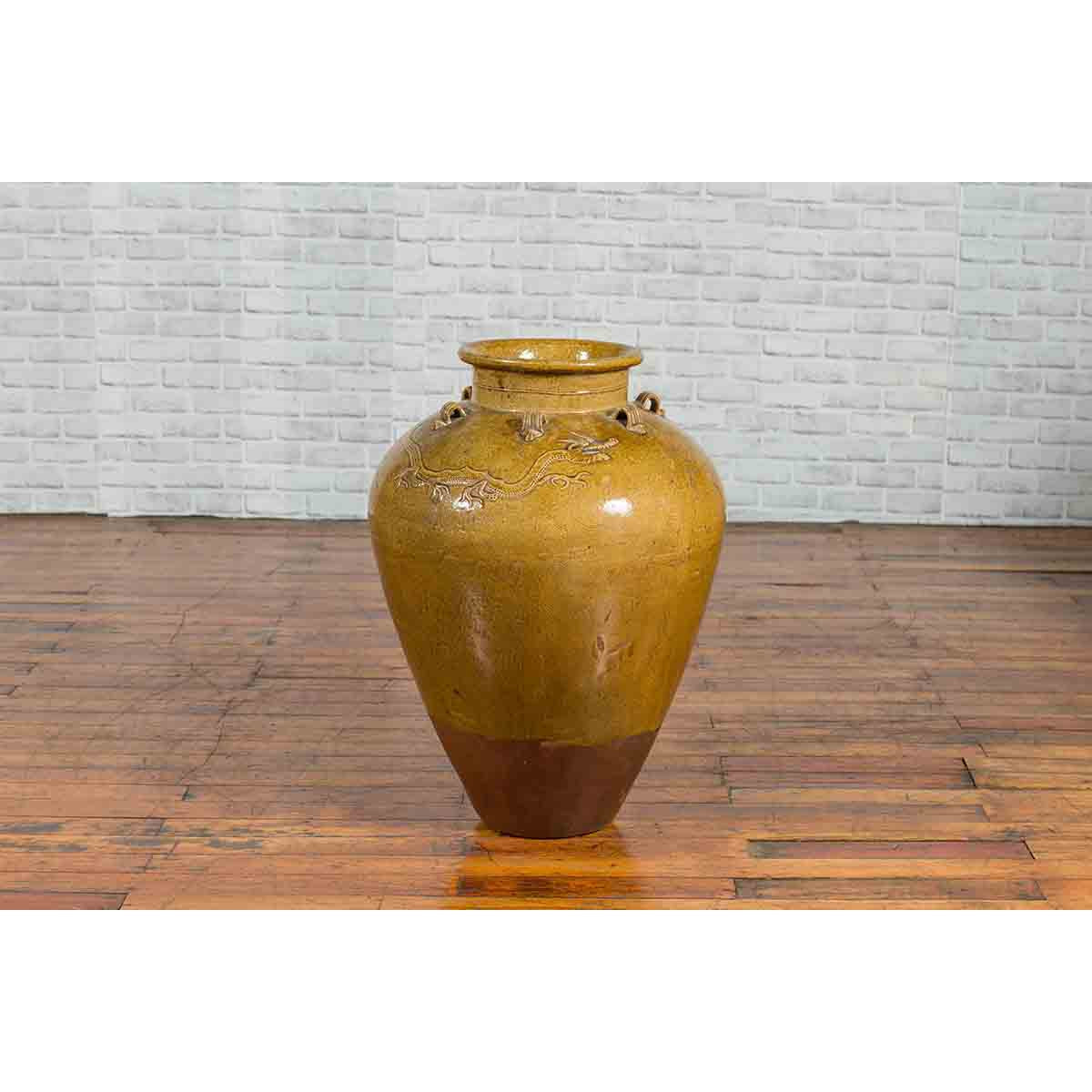 Chinese Antique Martaban Water Jar with Dragon Motifs and Ocher Glaze-9. Asian &amp; Chinese Furniture, Art, Antiques, Vintage Home Décor for sale at FEA Home