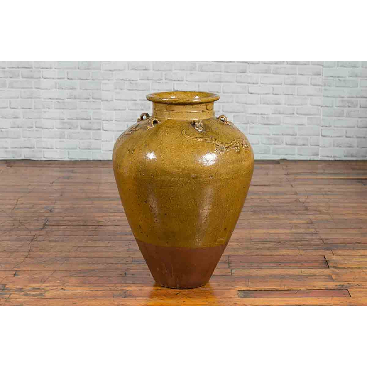 Chinese Antique Martaban Water Jar with Dragon Motifs and Ocher Glaze-10. Asian &amp; Chinese Furniture, Art, Antiques, Vintage Home Décor for sale at FEA Home