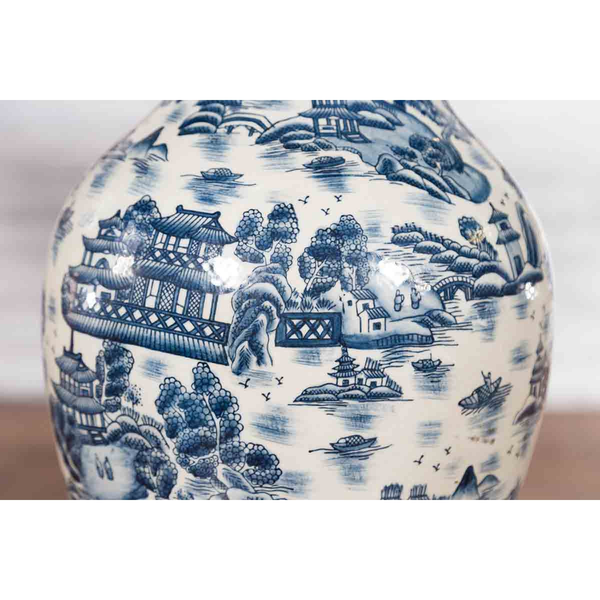 Chinese Vintage Blue and White Porcelain Vase with Landscapes and Architectures-12. Asian &amp; Chinese Furniture, Art, Antiques, Vintage Home Décor for sale at FEA Home
