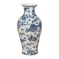 Chinese Vintage Blue and White Porcelain Vase with Landscapes and Architectures
