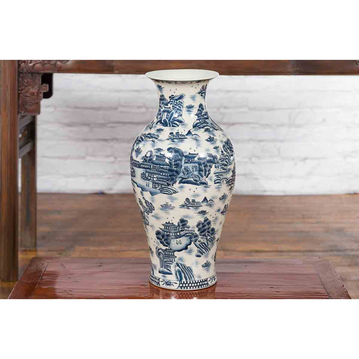 Chinese Vintage Blue and White Porcelain Vase with Landscapes and Architectures-4. Asian &amp; Chinese Furniture, Art, Antiques, Vintage Home Décor for sale at FEA Home