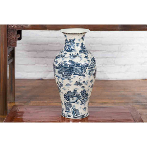 Chinese Vintage Blue and White Porcelain Vase with Landscapes and Architectures