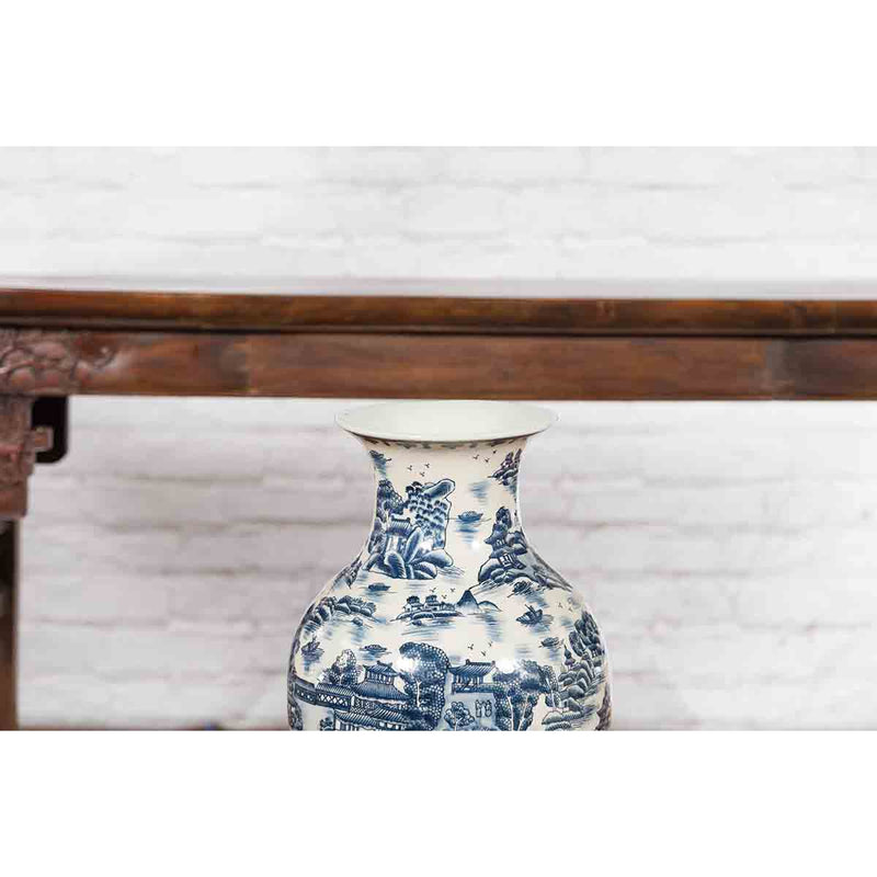 Chinese Vintage Blue and White Porcelain Vase with Landscapes and Architectures