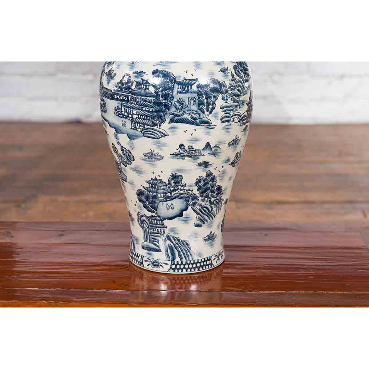 Chinese Vintage Blue and White Porcelain Vase with Landscapes and Architectures-7. Asian &amp; Chinese Furniture, Art, Antiques, Vintage Home Décor for sale at FEA Home