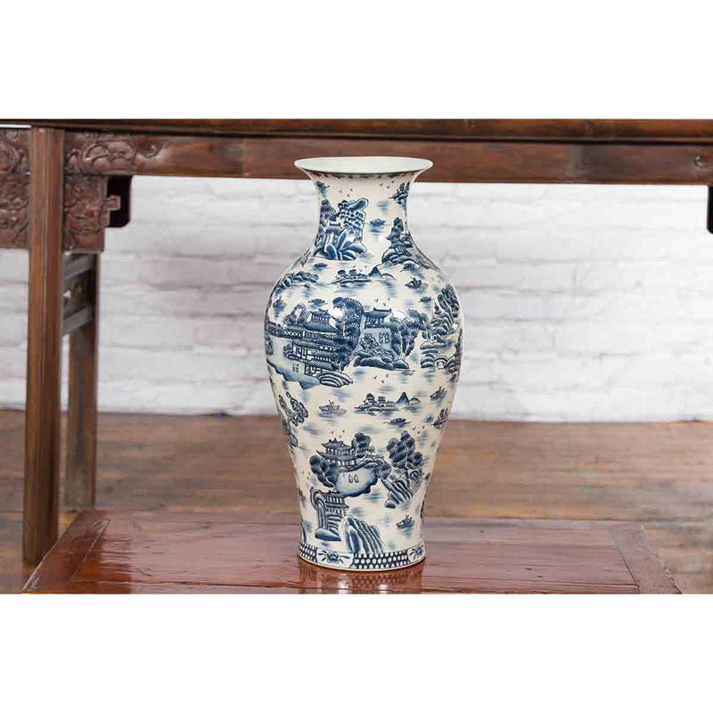 Chinese Vintage Blue and White Porcelain Vase with Landscapes and Architectures