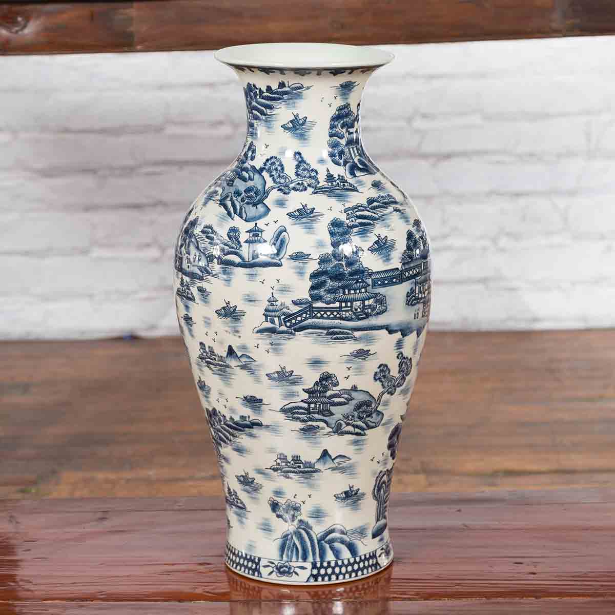 Chinese Vintage Blue and White Porcelain Vase with Landscapes and Architectures-2. Asian & Chinese Furniture, Art, Antiques, Vintage Home Décor for sale at FEA Home