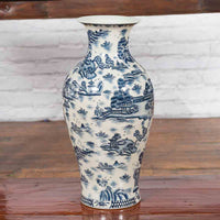 Chinese Vintage Blue and White Porcelain Vase with Landscapes and Architectures