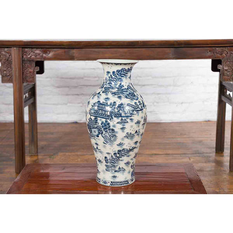 Chinese Vintage Blue and White Porcelain Vase with Landscapes and Architectures