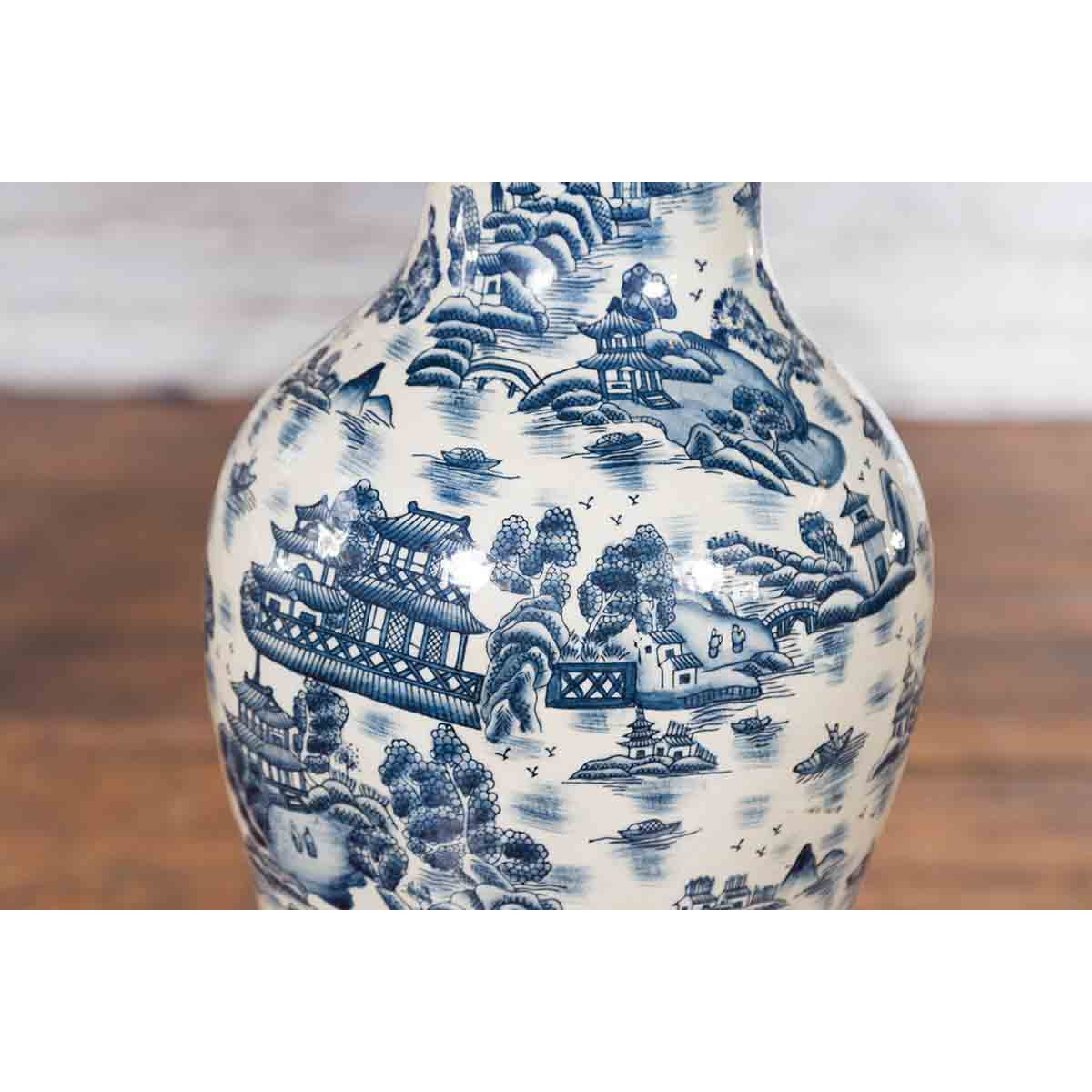 Chinese Vintage Blue and White Porcelain Vase with Landscapes and Architectures-10. Asian &amp; Chinese Furniture, Art, Antiques, Vintage Home Décor for sale at FEA Home