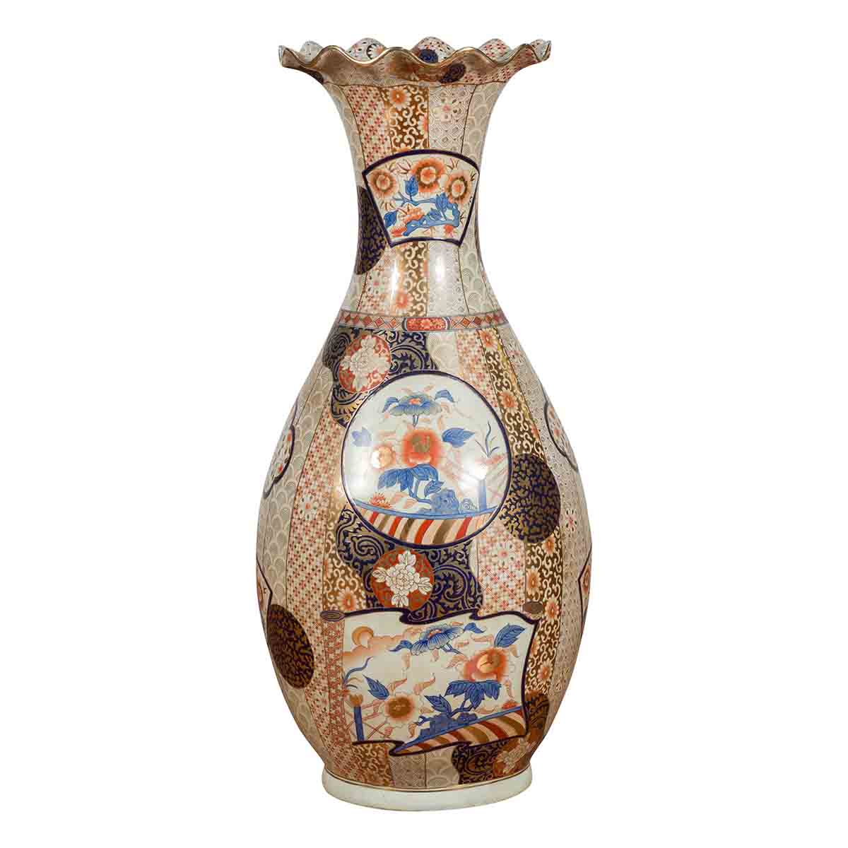 Tall Vintage Chinese Vase with Hand Painted Blue, Orange and Gold Floral Decor-1. Asian &amp; Chinese Furniture, Art, Antiques, Vintage Home Décor for sale at FEA Home