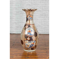 Tall Vintage Chinese Vase with Hand Painted Blue, Orange and Gold Floral Decor