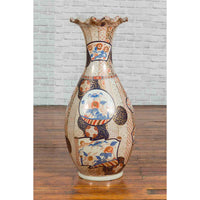 Tall Vintage Chinese Vase with Hand Painted Blue, Orange and Gold Floral Decor