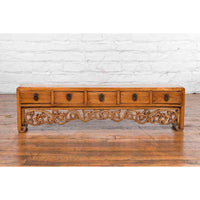 Chinese Qing Dynasty 19th Century Low Kang Cabinet with Carved Scrolling Apron