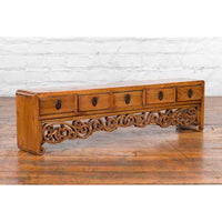 Chinese Qing Dynasty 19th Century Low Kang Cabinet with Carved Scrolling Apron