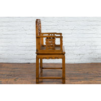 Chinese Antique Carved Wood Armchair with Medallion, Mythical Animal and Clouds