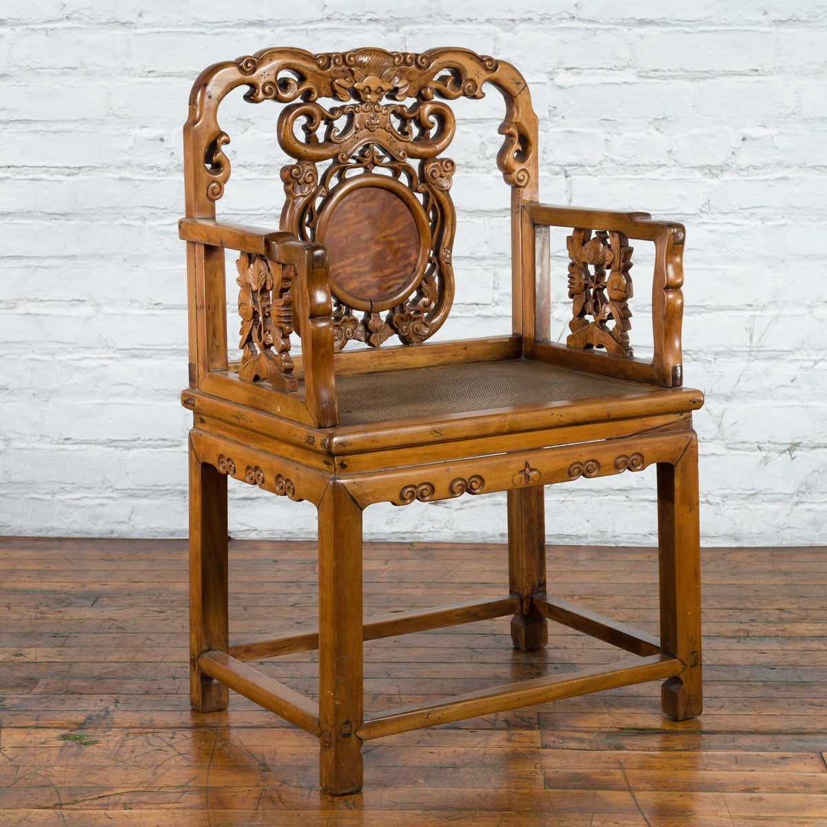 Chinese Antique Carved Wood Armchair with Medallion, Mythical Animal and Clouds-3. Asian &amp; Chinese Furniture, Art, Antiques, Vintage Home Décor for sale at FEA Home