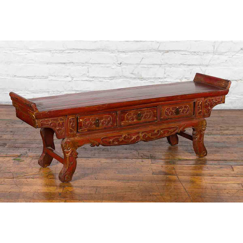 Chinese Qing Dynasty 19th Century Red Lacquer Low Altar Table with Carved Motifs-YN3642-4. Asian & Chinese Furniture, Art, Antiques, Vintage Home Décor for sale at FEA Home