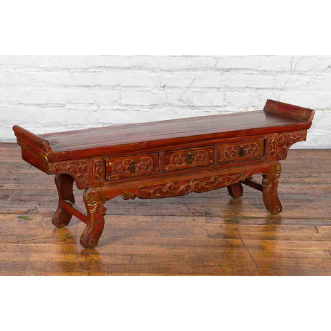 Chinese Qing Dynasty 19th Century Red Lacquer Low Altar Table with Carved Motifs