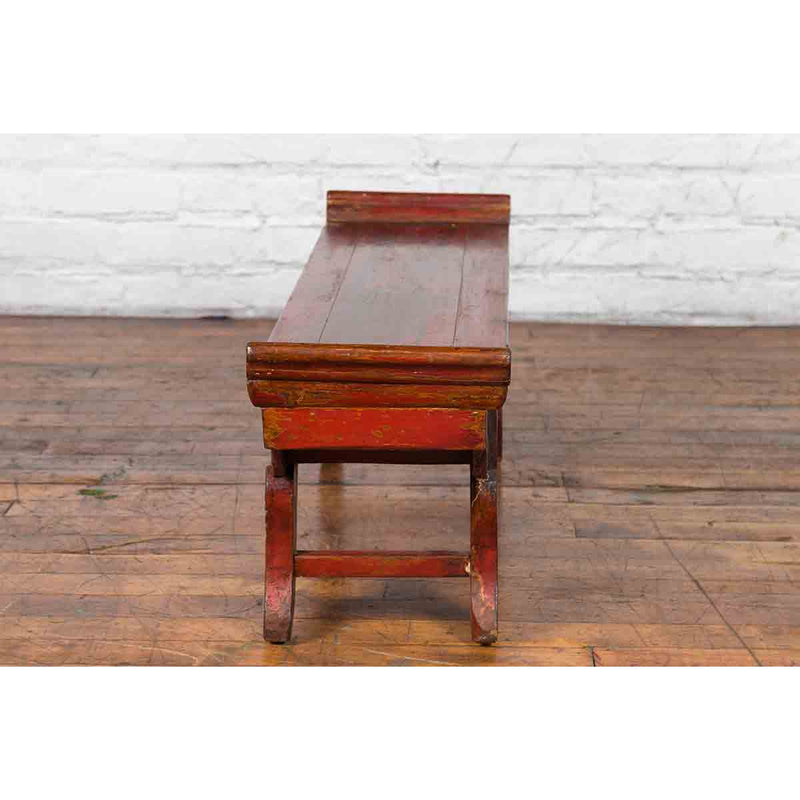 Chinese Qing Dynasty 19th Century Red Lacquer Low Altar Table with Carved Motifs