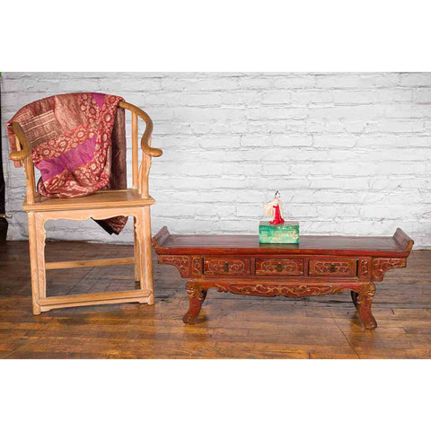 Chinese Qing Dynasty 19th Century Red Lacquer Low Altar Table with Carved Motifs