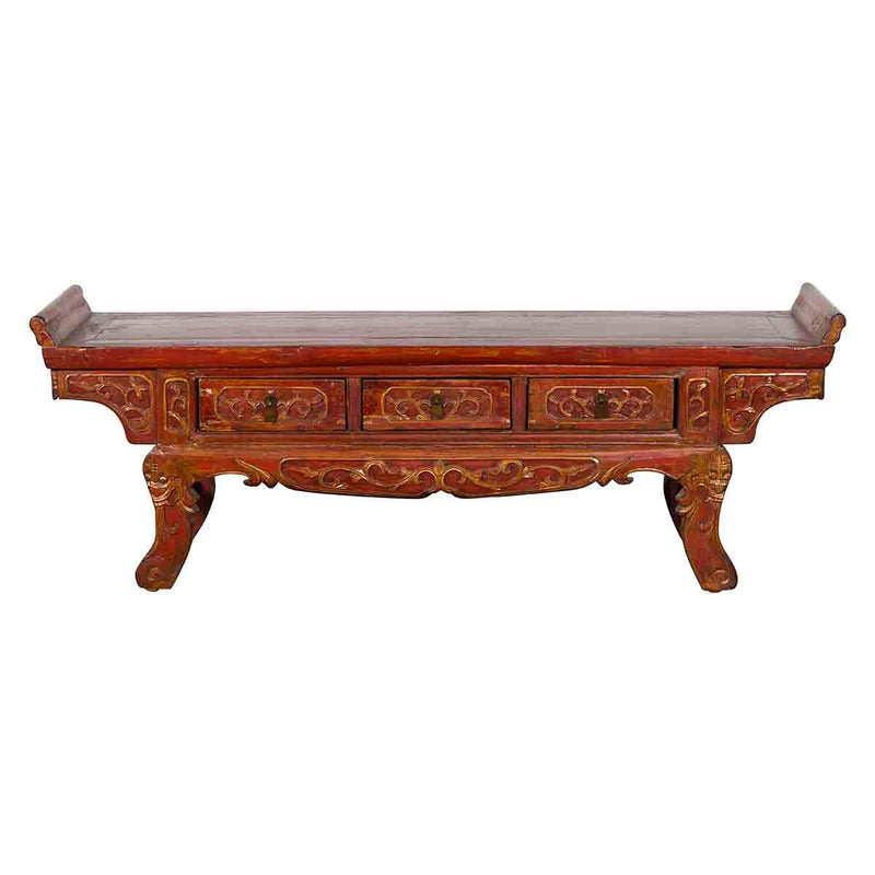 Chinese Qing Dynasty 19th Century Red Lacquer Low Altar Table with Carved Motifs- Asian Antiques, Vintage Home Decor & Chinese Furniture - FEA Home