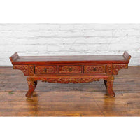 Chinese Qing Dynasty 19th Century Red Lacquer Low Altar Table with Carved Motifs-YN3642-8. Asian & Chinese Furniture, Art, Antiques, Vintage Home Décor for sale at FEA Home