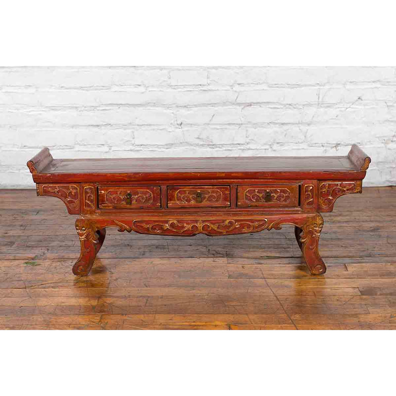 Chinese Qing Dynasty 19th Century Red Lacquer Low Altar Table with Carved Motifs-YN3642-8. Asian & Chinese Furniture, Art, Antiques, Vintage Home Décor for sale at FEA Home