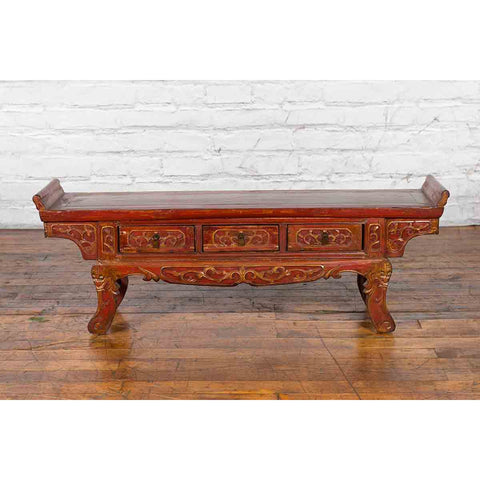 Chinese Qing Dynasty 19th Century Red Lacquer Low Altar Table with Carved Motifs