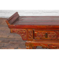 Chinese Qing Dynasty 19th Century Red Lacquer Low Altar Table with Carved Motifs-YN3642-9. Asian & Chinese Furniture, Art, Antiques, Vintage Home Décor for sale at FEA Home