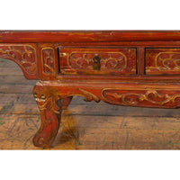Chinese Qing Dynasty 19th Century Red Lacquer Low Altar Table with Carved Motifs