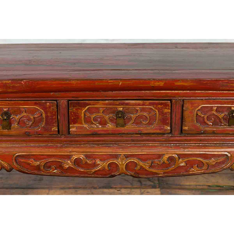 Chinese Qing Dynasty 19th Century Red Lacquer Low Altar Table with Carved Motifs-YN3642-11. Asian & Chinese Furniture, Art, Antiques, Vintage Home Décor for sale at FEA Home