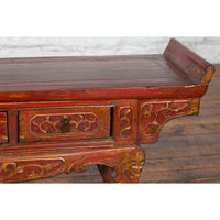 Chinese Qing Dynasty 19th Century Red Lacquer Low Altar Table with Carved Motifs