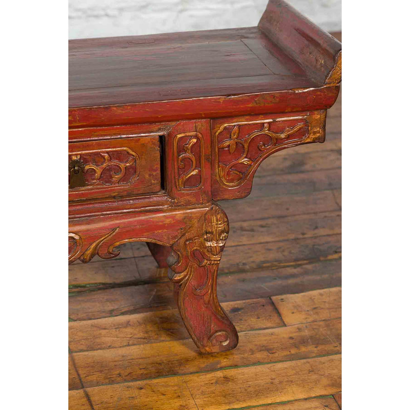 Chinese Qing Dynasty 19th Century Red Lacquer Low Altar Table with Carved Motifs
