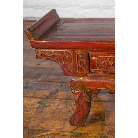 Chinese Qing Dynasty 19th Century Red Lacquer Low Altar Table with Carved Motifs
