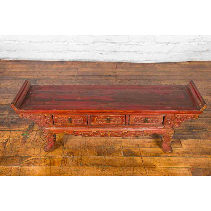 Chinese Qing Dynasty 19th Century Red Lacquer Low Altar Table with Carved Motifs-YN3642-15. Asian & Chinese Furniture, Art, Antiques, Vintage Home Décor for sale at FEA Home