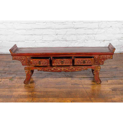 Chinese Qing Dynasty 19th Century Red Lacquer Low Altar Table with Carved Motifs-YN3642-2. Asian & Chinese Furniture, Art, Antiques, Vintage Home Décor for sale at FEA Home