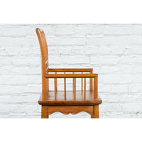 Chinese Qing Dynasty Period 19th Century Elmwood Armchair with Hand-Carved Apron