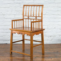 Chinese Qing Dynasty Period 19th Century Elmwood Armchair with Hand-Carved Apron