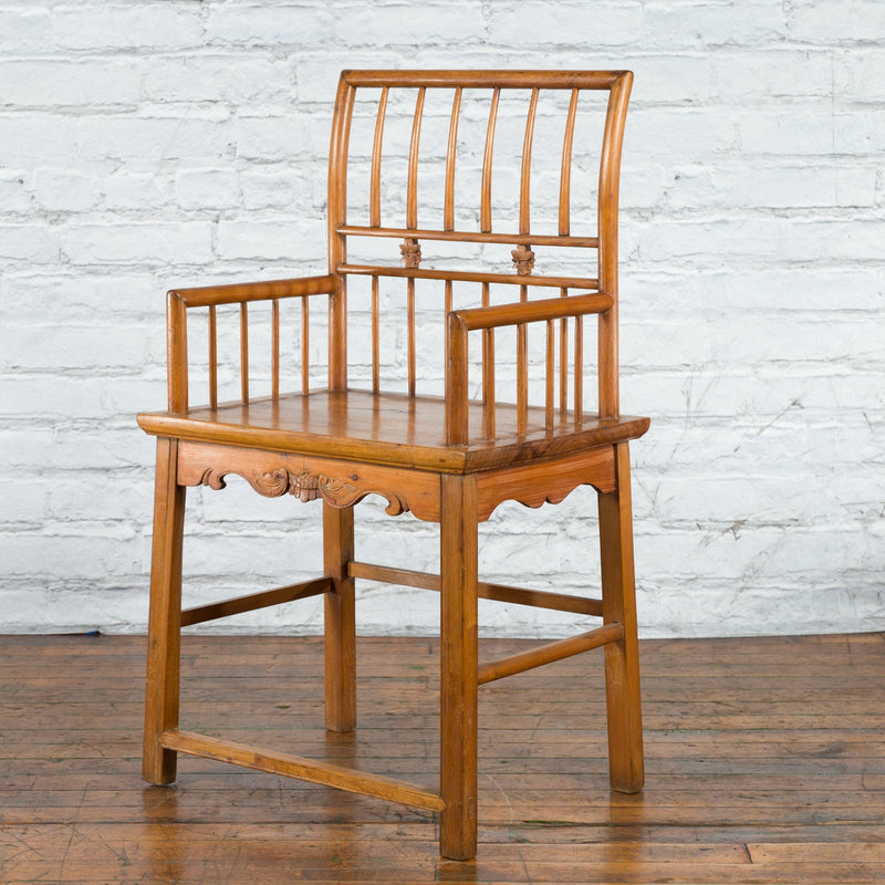 Chinese Qing Dynasty Period 19th Century Elmwood Armchair with Hand-Carved Apron-15. Asian & Chinese Furniture, Art, Antiques, Vintage Home Décor for sale at FEA Home