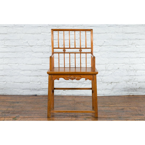 Chinese Qing Dynasty Period 19th Century Elmwood Armchair with Hand-Carved Apron-17. Asian & Chinese Furniture, Art, Antiques, Vintage Home Décor for sale at FEA Home