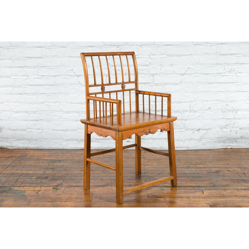 Chinese Qing Dynasty Period 19th Century Elmwood Armchair with Hand-Carved Apron-7. Asian & Chinese Furniture, Art, Antiques, Vintage Home Décor for sale at FEA Home