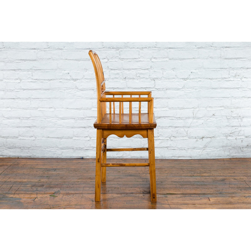 Chinese Qing Dynasty Period 19th Century Elmwood Armchair with Hand-Carved Apron - Antique and Vintage Asian Furniture for Sale at FEA Home